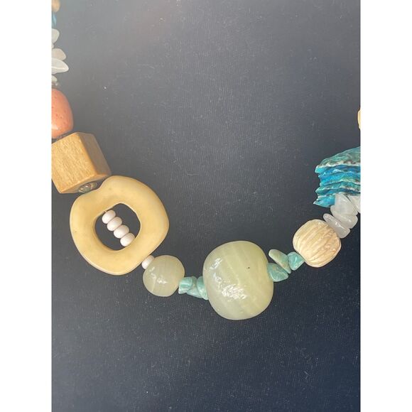Vtg Bead Necklace, Carved Bovine Turquoise & Stone Fetish, Elephant Bird African - Picture 9 of 12